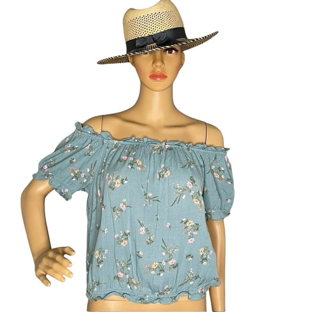 NWT Pink Rose Turquoise Floral On or Off Shoulder Croptop Blouse Size Large
